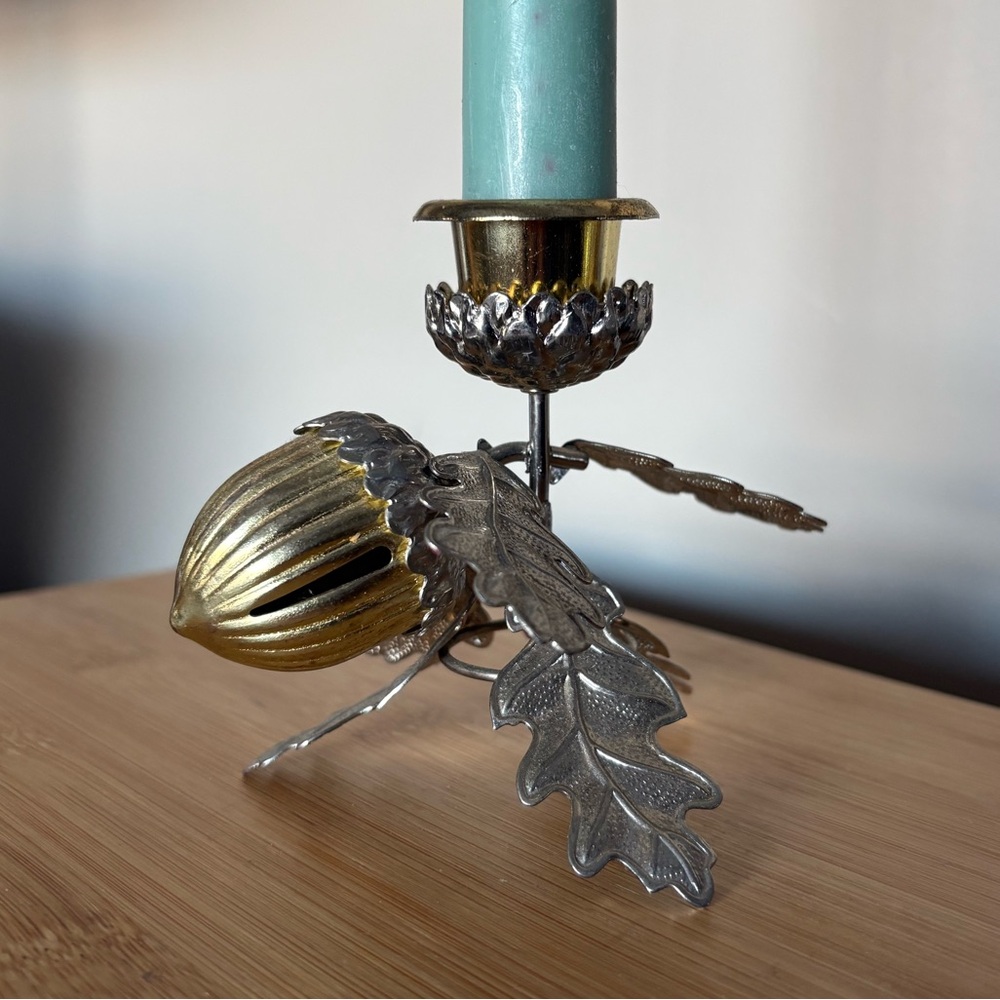 One Vintage metal candlestick holder with silver gold-tone oak leaf acorn design